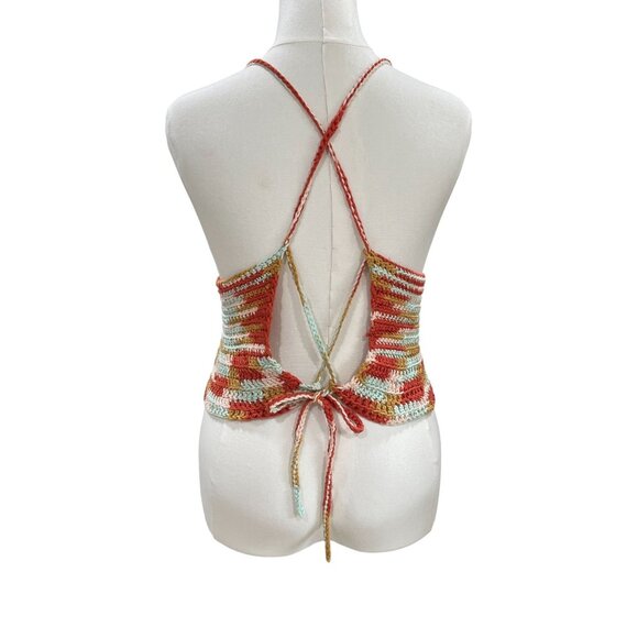 Crochet Halter Top Y2K Festival Boho Striped Knit Backless Summer Top Handmade - Picture 7 of 8